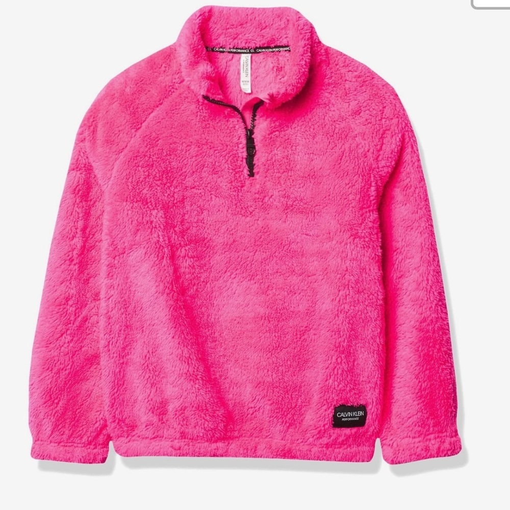 NWT CALVIN KLEIN PERFORMANCE HOT PINK TEDDY FUZZY FAUX FUR PULLOVER HOODIE
